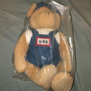 Nova Plush Tan Beige Teddy Bear USA Jeans Overalls